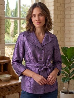 Laura Purple Floral faux taffeta Tie-Waist Blouse jacket Sz 8 quiet luxury